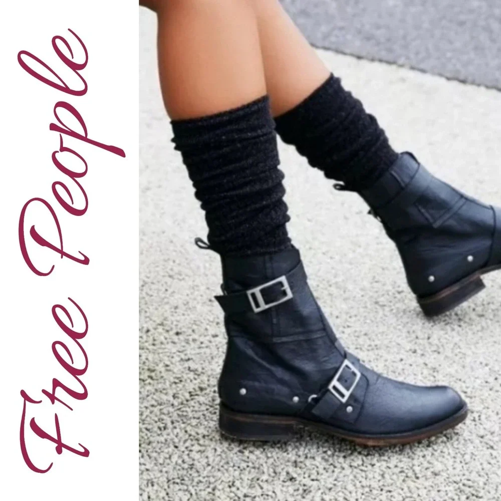 Free People Outsider Leather Double Buckle Moto Combat Boots Black Studded EU 39